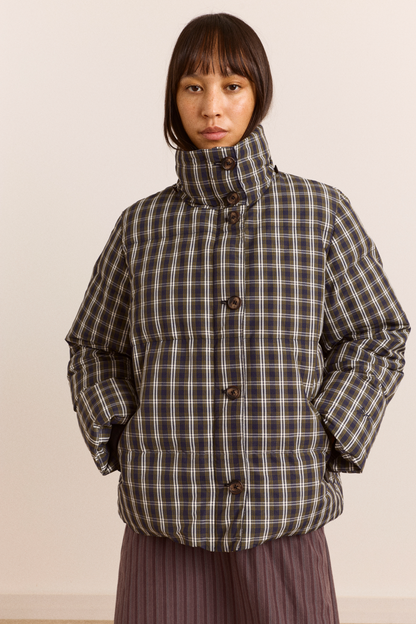 Pearl Hooded Puffer - Navy & Green Check